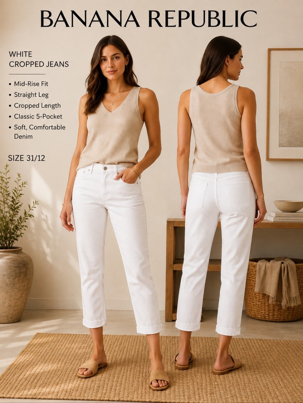 Banana Republic White Cropped Cuffed Straight Leg Jeans Womens 31/12 Mid Rise
